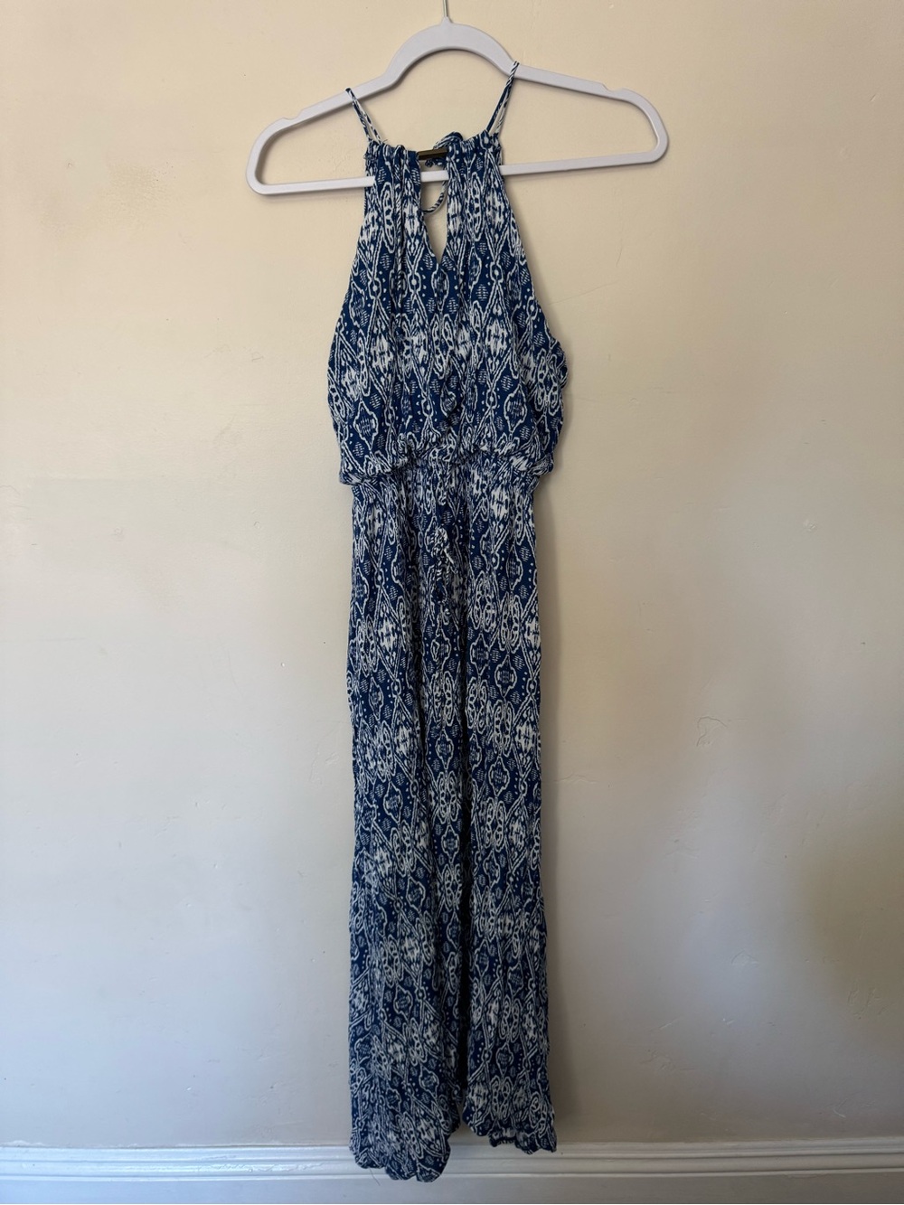 Blue & White Printed Halter Maxi Dress